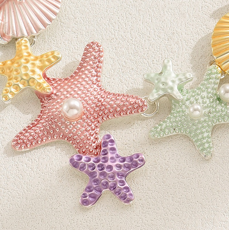 INS-Inspired Long Star & Shell Pendant Necklace – Pearl Inlay & Enamel Design for a Chic Layered Look