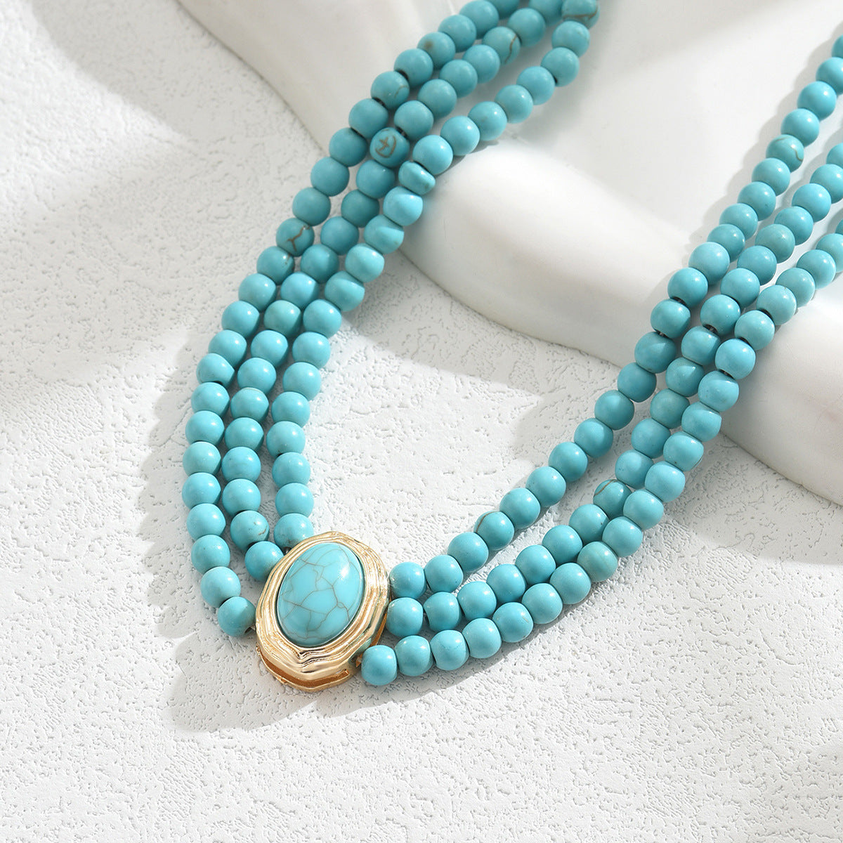 French Retro Geometric Beaded Necklace – Multi-Layer Alloy Chain with Turquoise Accents