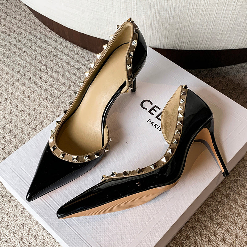 Luxury Elegant Pointy Sexy Rivet High Heels Designer Women Pumps Side Space Lacquer Leather Formal Ladies Office Shoes