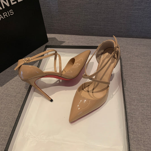 Pointed Toe High Heels  Stylish Hollow Strap Design with Bright Leather Finish