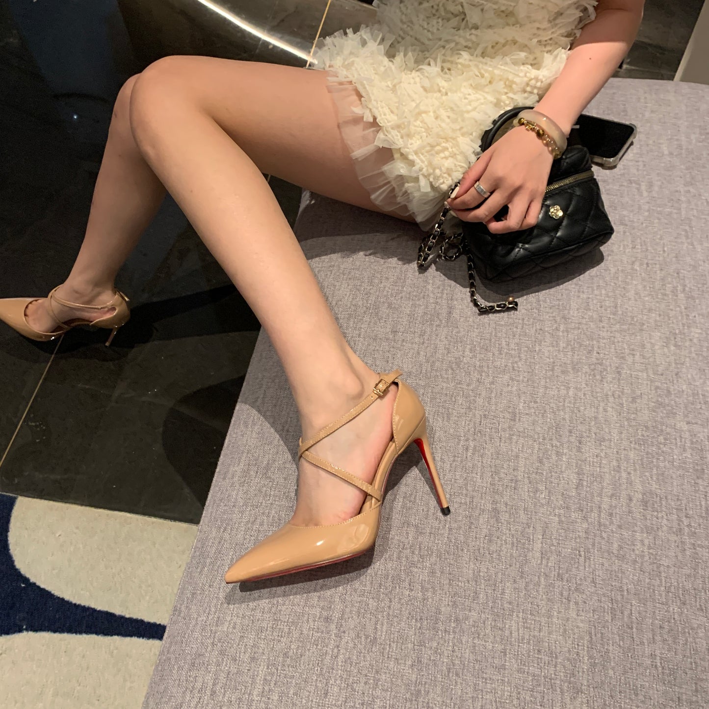 Pointed Toe High Heels Stylish Hollow Strap Design with Bright Leather Finish