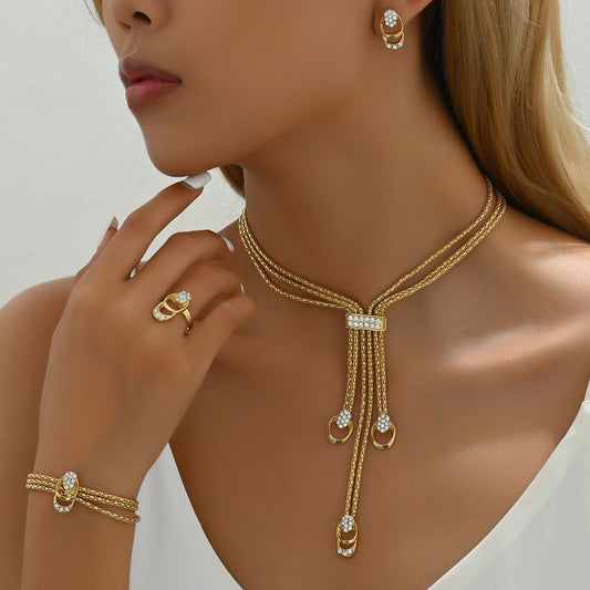 Minimalist Jewelry Set – Necklace, Earrings & Ring | Elegant Design with Sparkling Stones