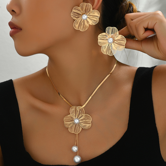 Elegant Floral Pearl Jewelry Set for Women – Unique Long Pendant Necklace with Matching Earrings