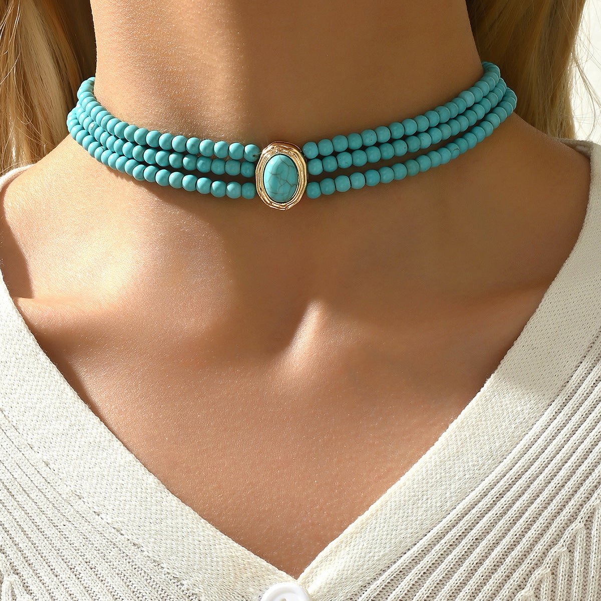 French Retro Geometric Beaded Necklace – Multi-Layer Alloy Chain with Turquoise Accents