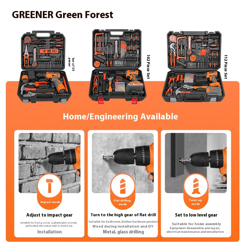 Home Multi Function Tool Set  Universal Repair Kit with Cordless Brushless Drill