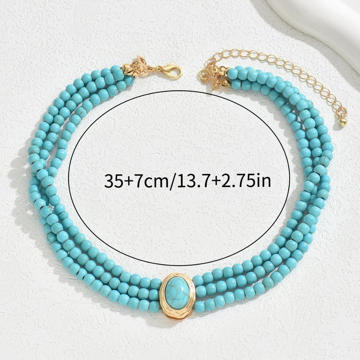 French Retro Geometric Beaded Necklace – Multi-Layer Alloy Chain with Turquoise Accents