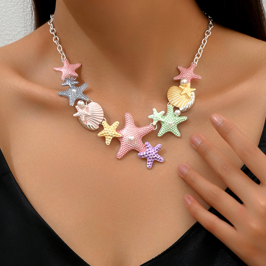 INS-Inspired Long Star & Shell Pendant Necklace – Pearl Inlay & Enamel Design for a Chic Layered Look