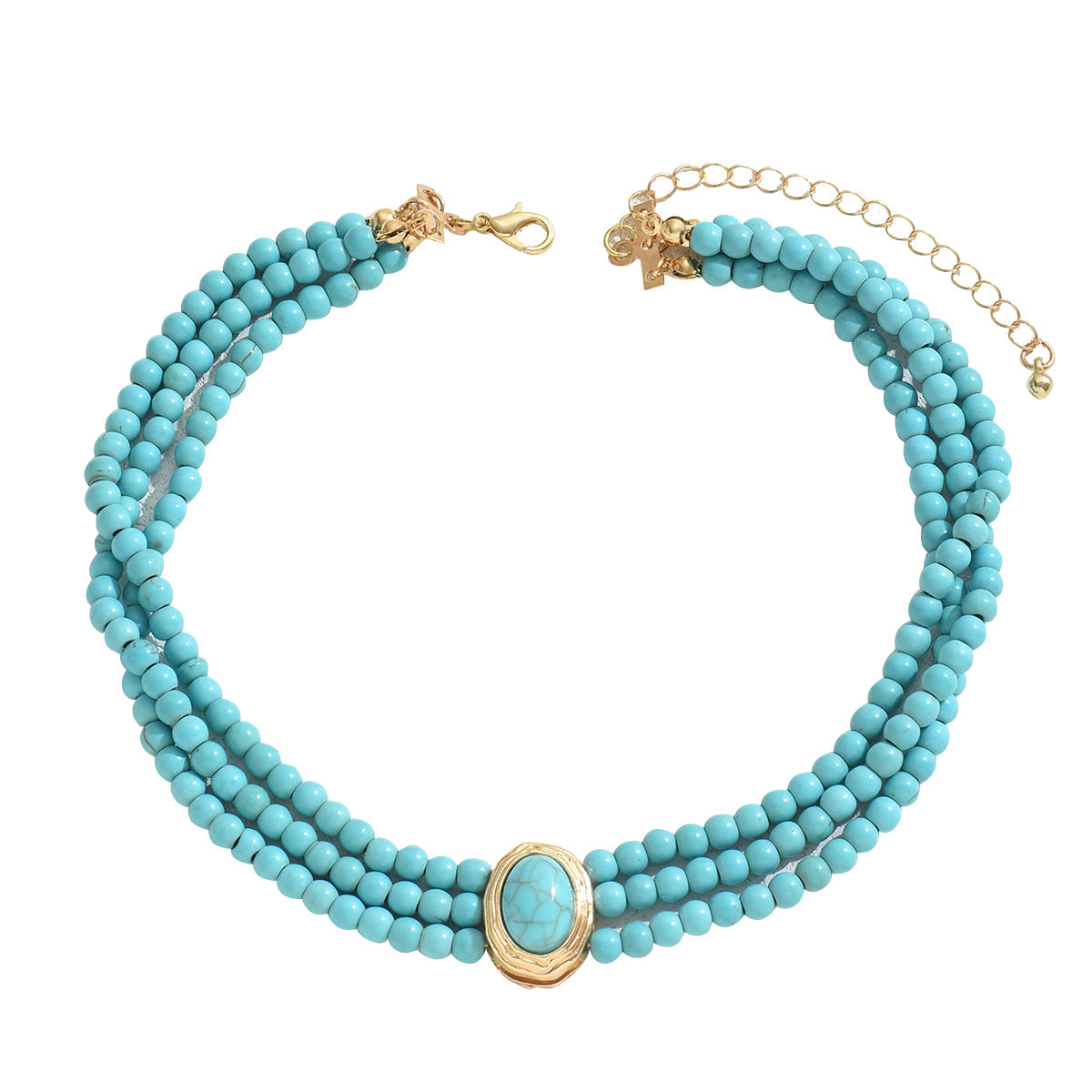 French Retro Geometric Beaded Necklace – Multi-Layer Alloy Chain with Turquoise Accents