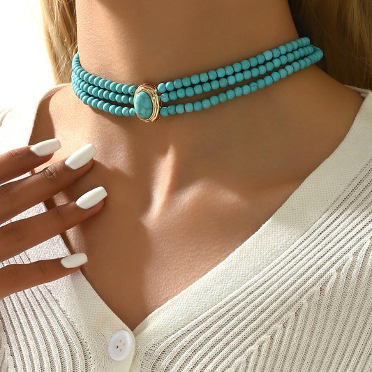 French Retro Geometric Beaded Necklace – Multi-Layer Alloy Chain with Turquoise Accents