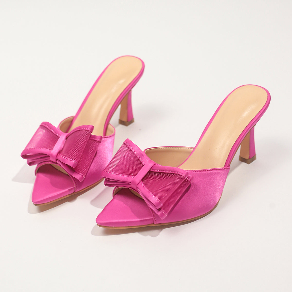 2025 New Women’s Pink Bowknot High Heels - Pointed Toe Slip-On Mules for Parties & Special Occasions