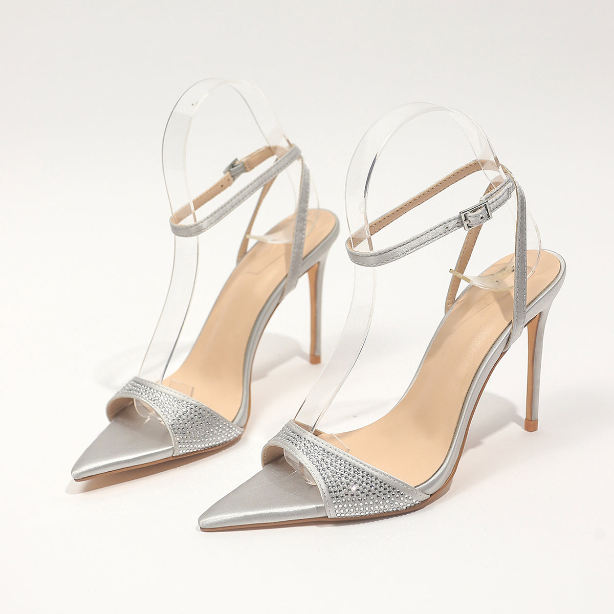 Women’s Silver Rhinestone High Heels  Elegant Pointed Toe Ankle Strap Stilettos