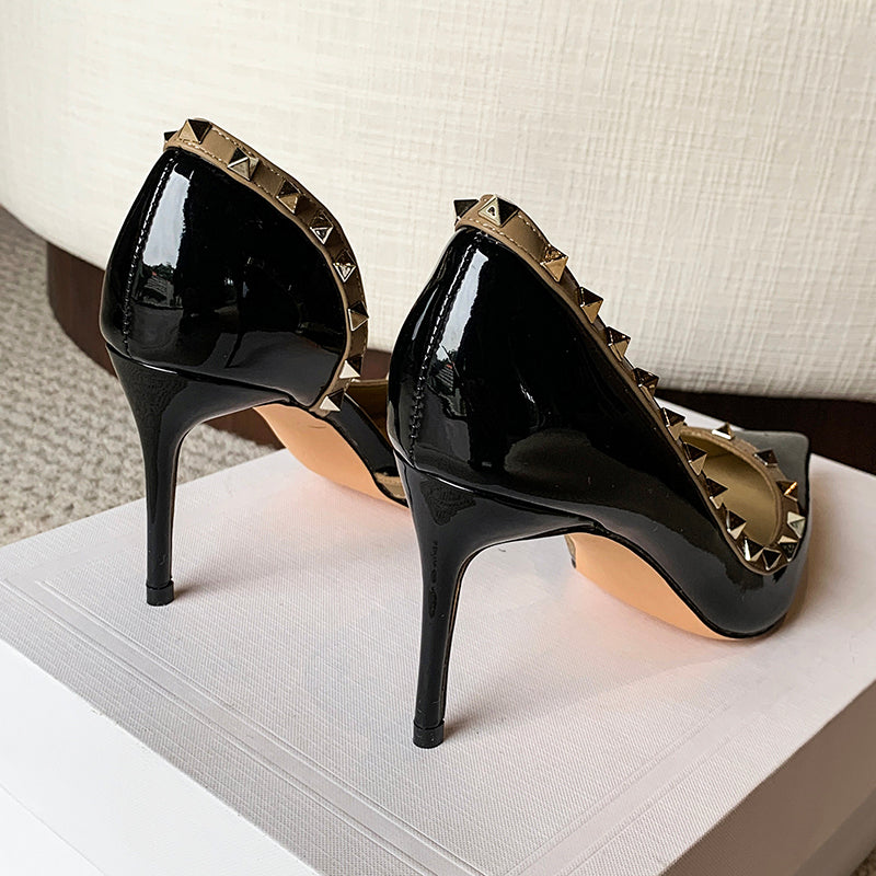 Luxury Elegant Pointy Sexy Rivet High Heels Designer Women Pumps Side Space Lacquer Leather Formal Ladies Office Shoes
