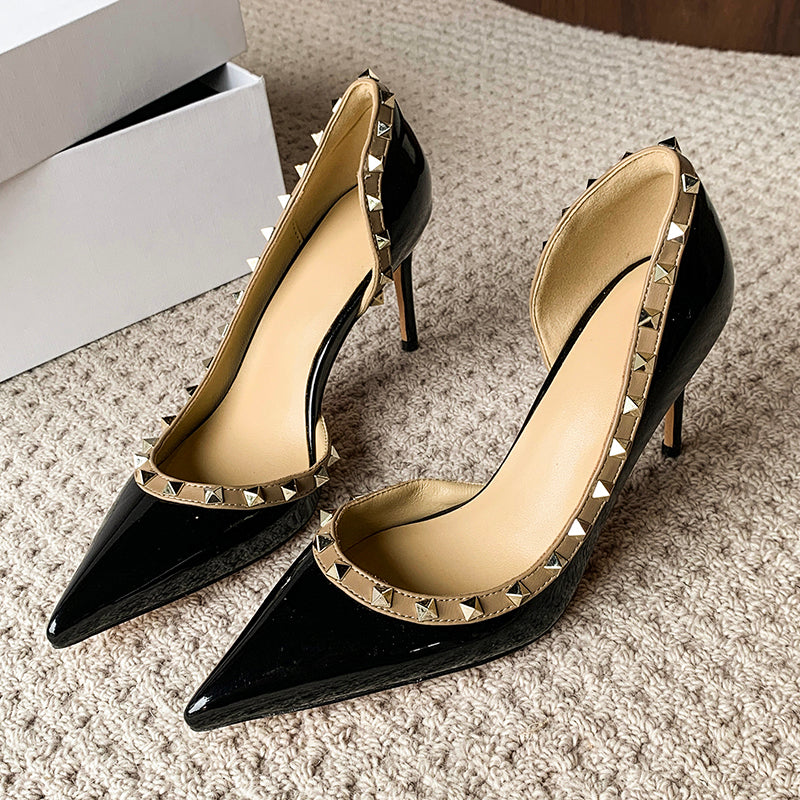 Luxury Elegant Pointy Sexy Rivet High Heels Designer Women Pumps Side Space Lacquer Leather Formal Ladies Office Shoes