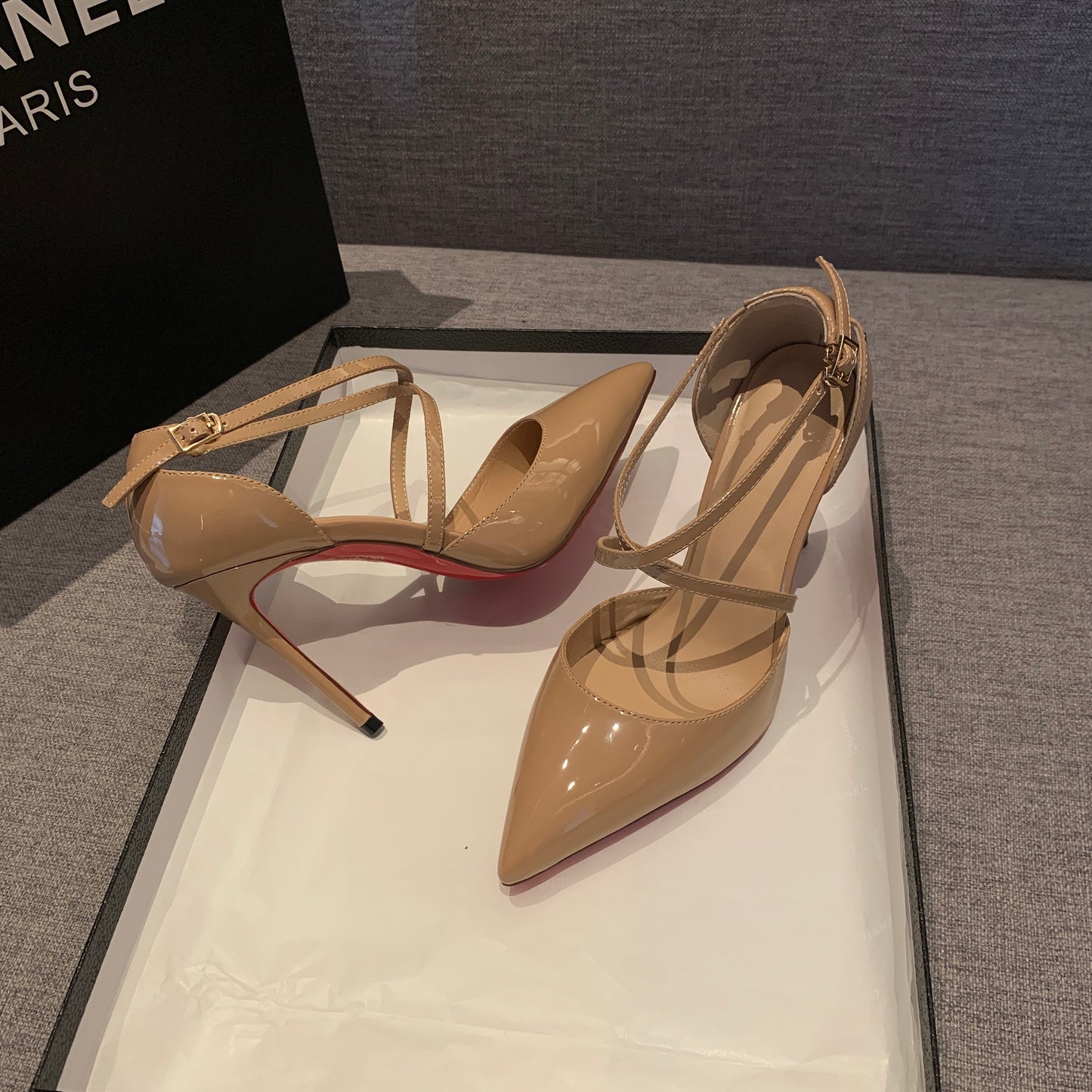 Pointed Toe High Heels  Stylish Hollow Strap Design with Bright Leather Finish